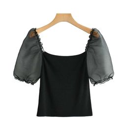 Chic Patchwork Stretchy Short Blouses Women Stylish Square Collar Mesh Puff Sleeve Ladies Shirts Casual Blusa Mujer 210531