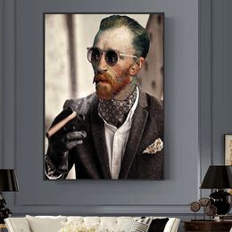 Funny Art Van Gogh with Sunglasses Smokes A Cigar Posters and Prints Canvas Paintings Wall Art Pictures for Living Room Decor