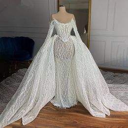 More Pearls Luxury Mermaid Wedding Dresses Lace Appliques Sequins Illusion Bridal Gown Custom Made Detachable Train Robes De Mariée