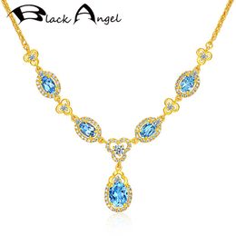 BLACK ANGEL Shiny 18K Gold Luxury Blue Topaz Gemstone Water Drop Ruby Emerald Pendant Wedding Necklace For Women Jewellery Gift Q0531