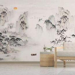 Custom Mural Wallpaper Chinese Style Abstract Ink Landscape Bamboo Wall Painting Living Room Background Wall Papel De Parede 3 D