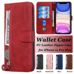 Zipper Wallet Phone Cases for iPhone 14 13 12 11 Pro XR XS Max 7 8 Plus - Calfskin Texture PU Leather Flip Kickstand Cover Case with Coin Purse