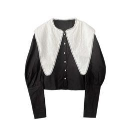 Spring Autumn Peter Pan Collar Full Short Black Slim Shirt Bottoming Single Top 210615