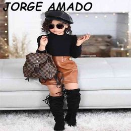 Girls Outfits Winter Clothes for Highcollar Sweater + Leather Skirt Baby Girl 2pcs Sets E21740 210610