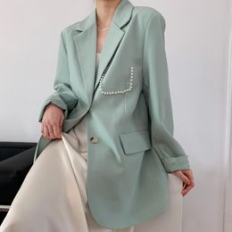 Women's Suits & Blazers Korean Women Mint Green Spring Autumn 2021 Fashion Pearl Loose Big Pockets Ladies Suit Jacket Notched Collar Long Sl