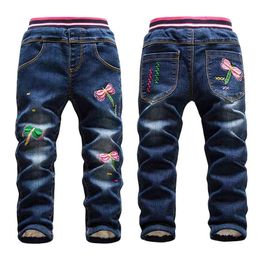 Fashion Winter Warm Jeans for Girls Cute Dragonfly Print Denim Trousers Kids Add Wool Washing Blue Toddler Skinny Leggings 210622