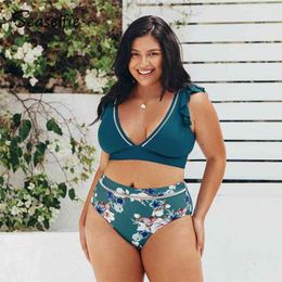 SEASELFIE Plus Size Tank High Waist Bikini Sets Women Sexy Large Teal Floral Ruffled Two Pieces Swimsuit Swimming Suit 210712