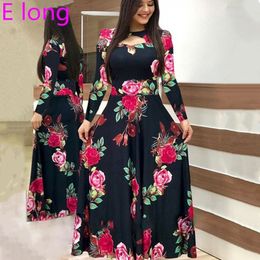Zarif Bahar Sonbahar Kadın Elbise Rahat Bohmia Çiçek Baskı Maxi Elbiseler Moda Tunik Vestidos Elbise Artı Boyutu Oymak 210303