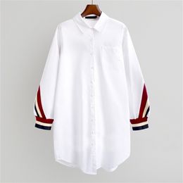 White Loose Button Up Stripe Bandage Shirts Women Blouses Turn-Down Collar Woven Long Sleeve Plus Size Ladies Tops 220210