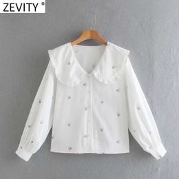 Zevity Women Sweet Agaric Lace Peter Pan Collar Floral Print White Smock Blouse Office Ladies Shirt Chic Blusas Tops LS9031 210603