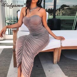 Colysmo Strapless Party Dress Women Clothes Club Bodycon Ruched Maxi Long Sheath Pleated Off Should Sexy Ladies es 210527