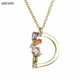 ANDYWEN 925 Sterling Silver Gold Mini D Initial Pendant Letter Neckalce Long Chain Luxury CZ Zircon Women Jewellery