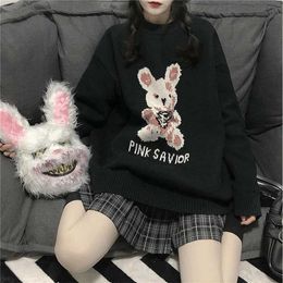 Autumn Winter Harajuku bunny Knitting Sleeve Sweater Casual Long Women Printed Loose Boyfriend Pullover Gothic punk 211018