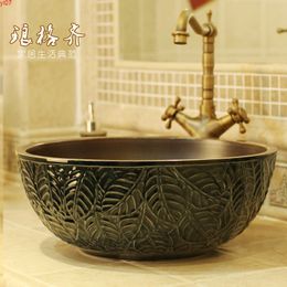 LOTS OF COLOURS Jingdezhen HAND CARVED leaf ceramic wash basin for bathroomhigh quatity