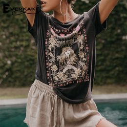 Everkaki Retro Bohemian Tshirt Women Printed Tees&Tops Summer Boho T Shirt Women Fashion&Casual Womens Clothing T-Shirt 210306