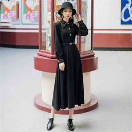 Black Vestidos Maxi Vintage Long Women Dress Mid-calf Shirt with Sashes Office Lady Fit and Flare Spring 210603