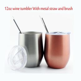 12 Oz Stemless Wine Tumbler Stainless Steel Keep Warm Cup Double Wall Vacuum Beer Coffee Mugs with Metal Straw and Clean Brush