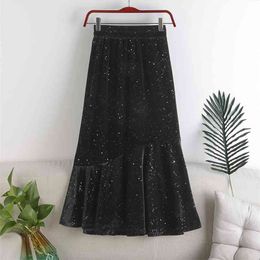 Fashion Velvet Women High Waist Skirt Chic Shiny Trumpet Skirts Autumn Winter Solid A-line Slim Faldas 210601