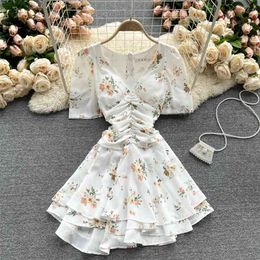 Women Fashion Sexy V Neck Short Sleeve Pleated Slim Double-layered Flower Print Mini Dress Vestidos S064 210527