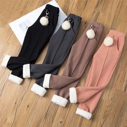 New Girl Thicken Pants 3-15 Year Old Children's Trousers Plus Velvet Straight Pants Solid Elastic Waist Winter Warm Kids Clothes 210303
