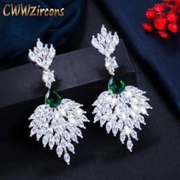 Gorgeous Green Cubic Zirconia Long Feather Dangle Drop Earrings for Women Wedding Banquet Jewelry Accessories CZ794 210714