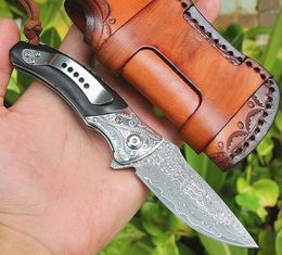 Promotion Flipper Fodling Knife VG10 Damascus Steel Drop Point Blade Natural Ebony + Steels Head Handle Ball Bearing Pocket Knives With Leather Sheath