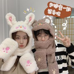 Cute Ear Protection Embroidered Hats fashion Scarf Gloves One Set for Female Sweet Student Hooded Plush Warm Autumn and Winter