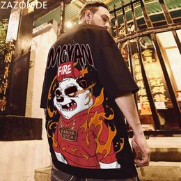 ZAZOMDE Fashion China Wind panda brand large short sleeve t-shirt men's loose trend wear Short black 210629