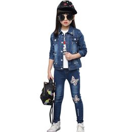 Kids Denim Clothes Sequin Jacket + Jeans Children's For Girls Pearls Girl Clothing Cartoon Costume 210527
