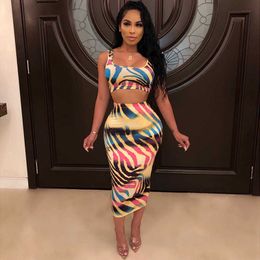 Stripe Print Vest Top And Skirt Women Matching Sets SleevelNight Clubwear Bodycon Bandage Pencil Skirt Two Piece Outfits X0709