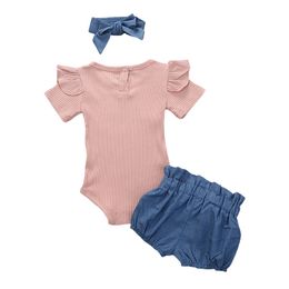 Newborn Baby Girls Outfits Clothes Cotton Solid Romper Jumpsuit + Denim Shorts+Headband Sweet Set Summer New23 210317