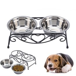 Fashion Stainless Steel Double Pet Bowls Feeder Elevated Stand Raised Dish Feeding Food Water Dog Cat Feeder Pet Supplies Y200922