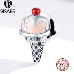 BISAER Pink ice cream Beads 925 Sterling Silver Red Cherries Charms Summer Pendant Fit Bracelet Necklace Jewellery ECC1533 Q0531