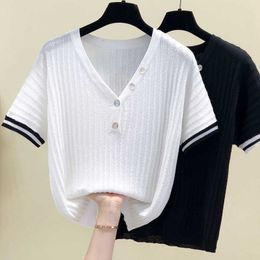 Loose thin patchwork striped knitted tank top women Ice silk sleeveless slim tops summer black white arrival plus size 210604