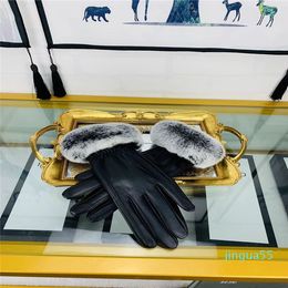Fashion leather touch screen gloves, real rex rabbit fur mouth sheepskin gloves, ladies winter plus velvet warm gloves