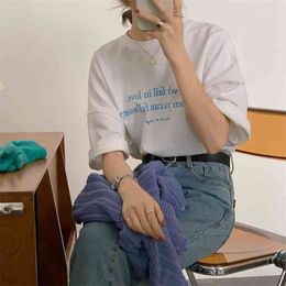 Summer Loose Brief Cotton Minimalist Streetwear Vintage Basic Short Sleeves Printed Casual Tee Tops T-shirts 210525