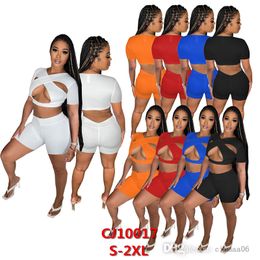 2023 Summer Tracksuits For Women Two Piece Pants Set Hoodies Suit Solid Colour Hooded Zipper Crop Top Shorts Outfits Ladies Sportswear