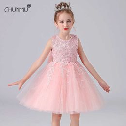 White Wedding Birthday Gown Lace Tutu Princess Dress Floral Embroidery Girls Children Clothing Kids Party For Girl Clothes Q0716