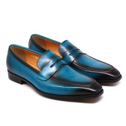 Size 38-47 Handmade Mens Penny Loafer Shoes Calf Leather Light Blue Men Dress Shoes Wedding Party Slip On Shoes Italian Fashion 210302