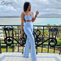 Ailigou Bandage Set 2 Pieces Strap Sleeveless Bustiers And Long Bell-Bottoms Trousers Sexy Celebrity Party Sheath Vestidos 211105