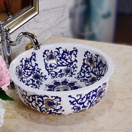 Europe Vintage Style Art Basin Sinks Ceramic Counter Top Wash Bathroom Vessel vanities blue white ceramic wash basingood qty