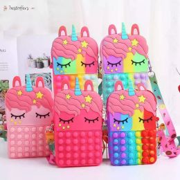 Rainbow Push Bubbles Bag Children's Christmas Princess Wallet Silicone Messenger Girls Decompression Lovely Cartoon HandBag BN04