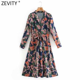 Zevity Women Vintage V Neck Flower Print Sashes Kimono Dress Female Long Sleeve Side Zipper Vestido Chic A Line Dresses DS4809 210603