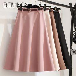 Beiyingni Summer Sashes A-line Skirts Women Solid Elegant Kpop Tutu Skirts Office Lady Umbrella Midi Skirt Vintage Faldas Mujer 210311