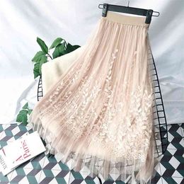 Floral Embroidery A-line Tutu Lace Mesh Skirt Women Elegant Tulle Long Pleated Midi Summer 210621