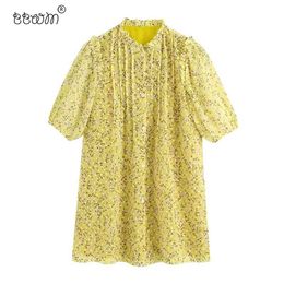 Women Chic Ruffles Floral Print Buttons Pleated Mini Dress Vintage Short Sleeve With Lining Dresses Casual Female Outfits 210531