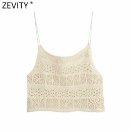 Zevity Women Fashion Hollow Out Crochet Knitting Short Smock Blouse Female Patchwork Casual Sling Shirts Chic Crop Tops LS9223 210603