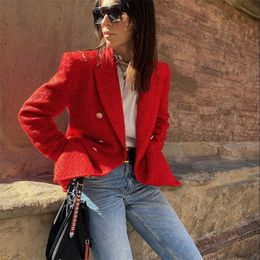 Stylish Elegant Red Double Breasted Tweed Jacket Women Fashion Pockets Turn-down Collar Coats Female Chic Outerwear 211014