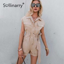 Sollinarry Pure Colour sleeveless pockets belt romper Single-breasted cool jumpsuit romper High street overall fashion romper 210709