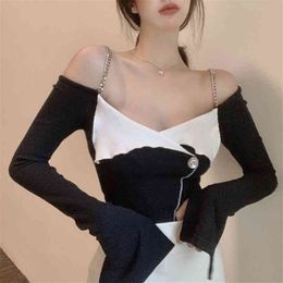 T-shirt Women's Summer Short Chain Sling Off Shoulder Sexy Low-neck Slim Long-sleeved Top 210529